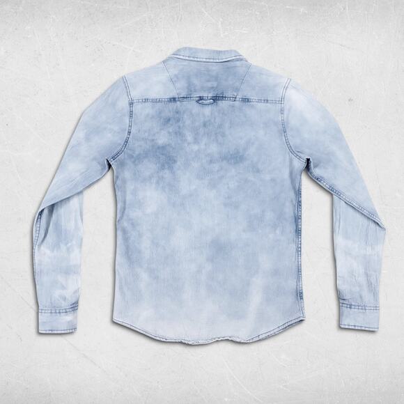 Chambray Shirt Mns S Blue Light Acid Wash Long Sleeve Button Up Slim Skater 90s - Picture 3 of 10